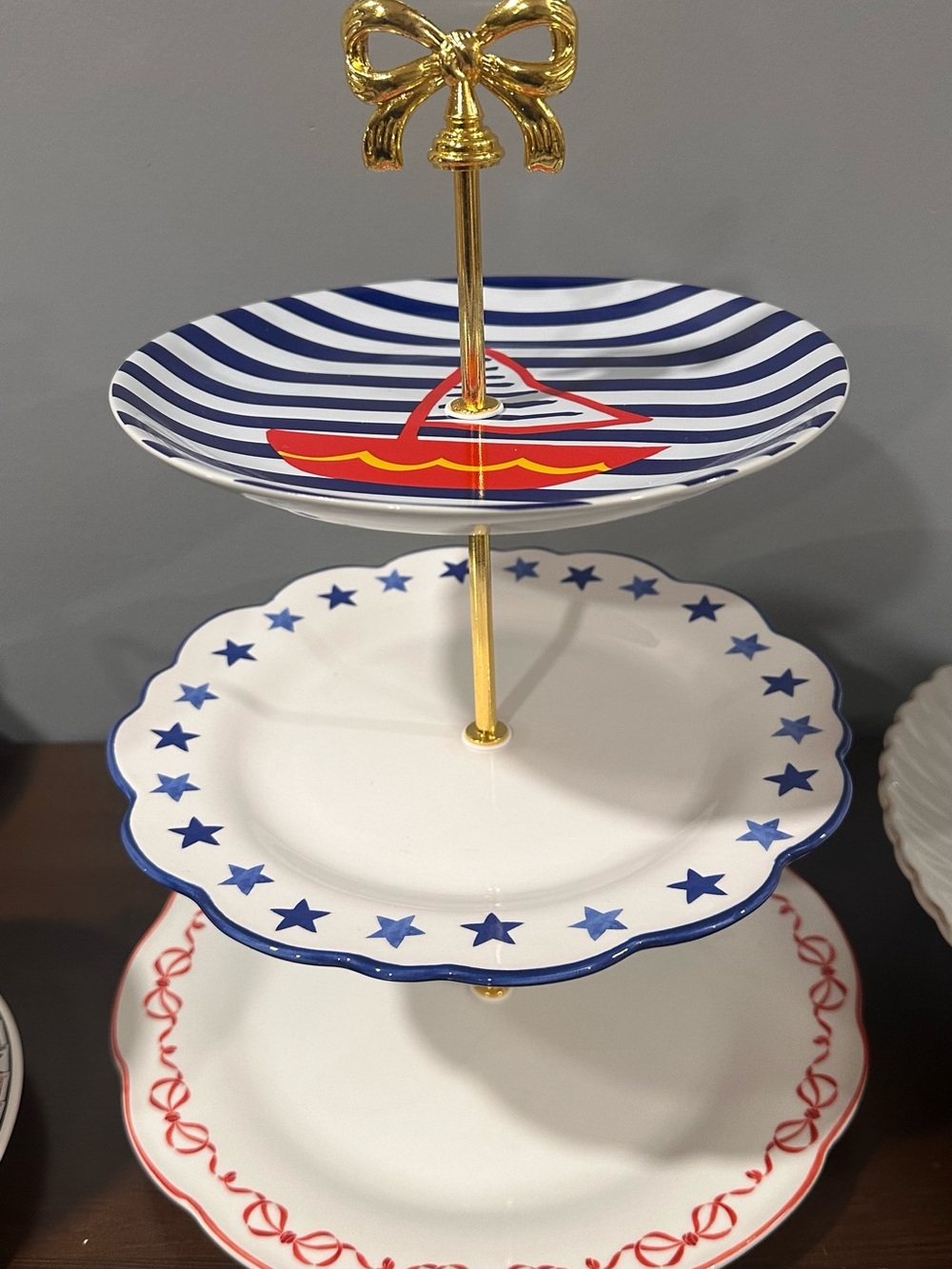 Three-Tier Porcelain Serving Stand in Blue, Red & Gold